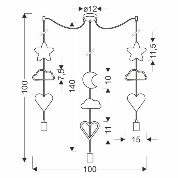 Suspension TRIO Étoiles Cœurs dimensions