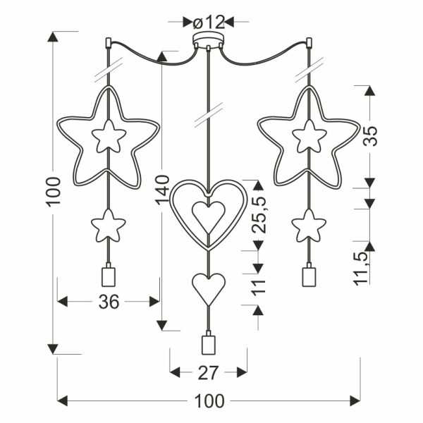 Suspension TRIO Étoiles Cœur dimensions